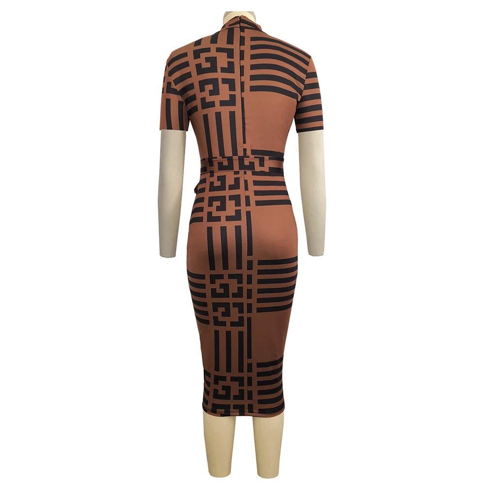 Women Sexy Turtleneck Short Sleeve Print Bodycon Midi Dress Female Elegant High Elastic Night Club Pencil Dresses With Sashes Women Sexy Turtleneck Short Sleeve Print Bodycon Midi Dress Female Elegant High Elastic Night Club Pencil Dresses With Sashes